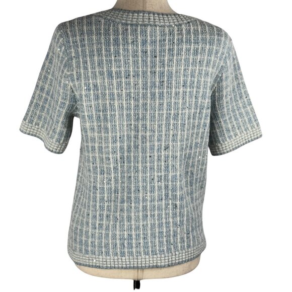 Like new! Talbots Crewneck Sweater - Sequin Plaid in Blue White Silver Sz Medium - Picture 3 of 10